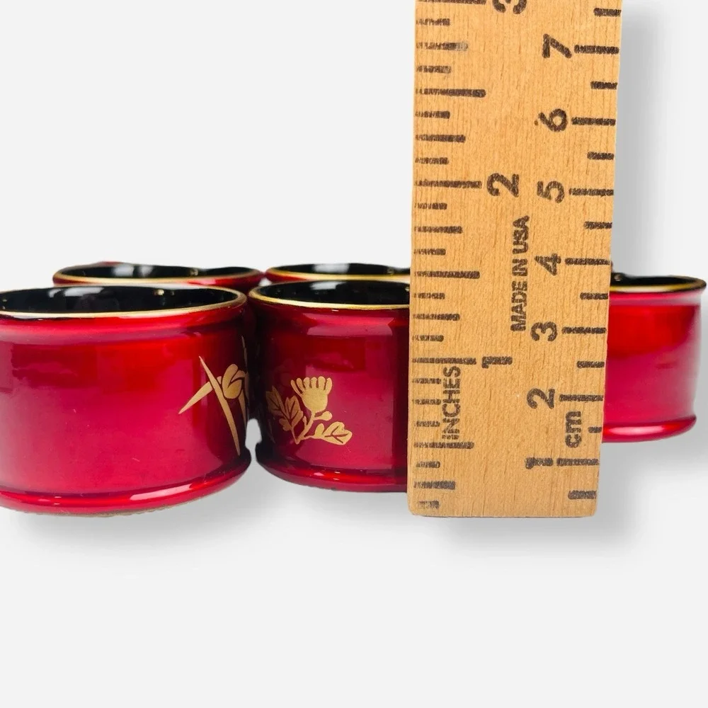 Vintage Japanese Lacquer Ware Napkin Rings Set‎ 6 Red Gold Amita Tokyo Japan